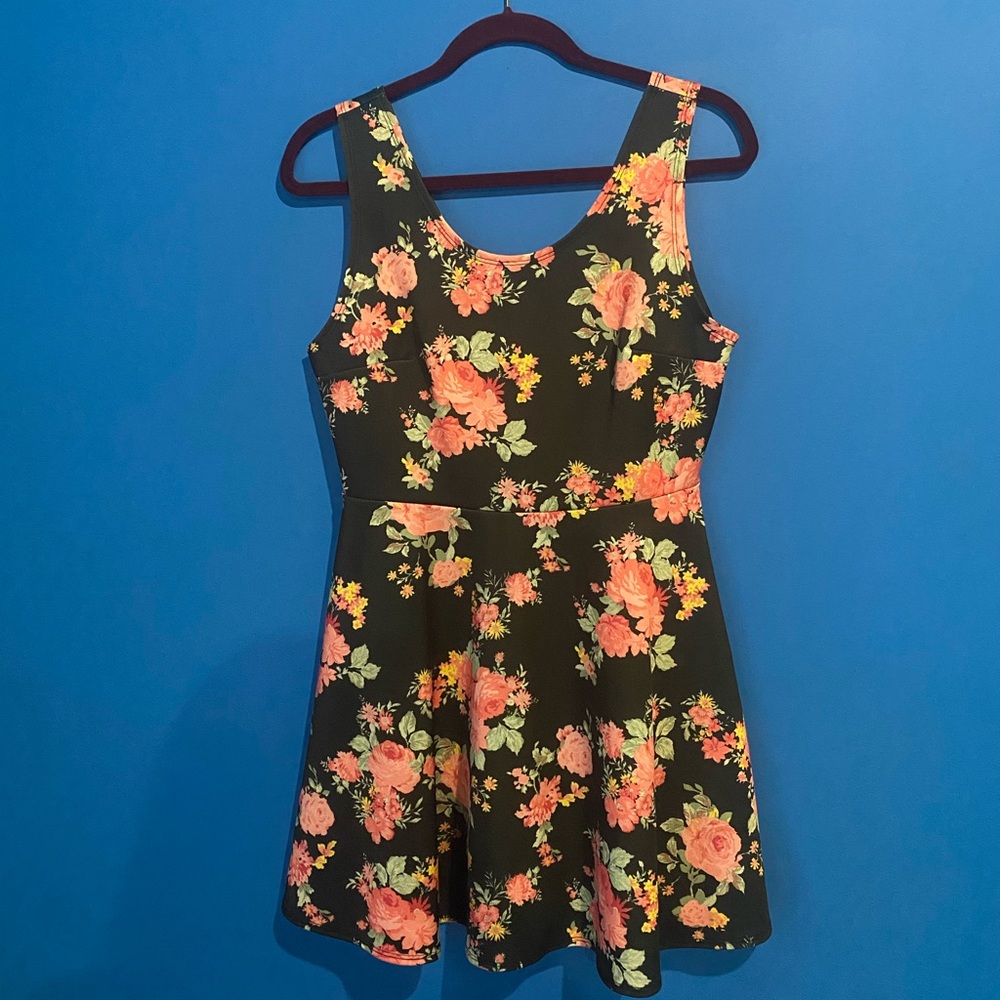 Black Floral Skater Dress NWOT